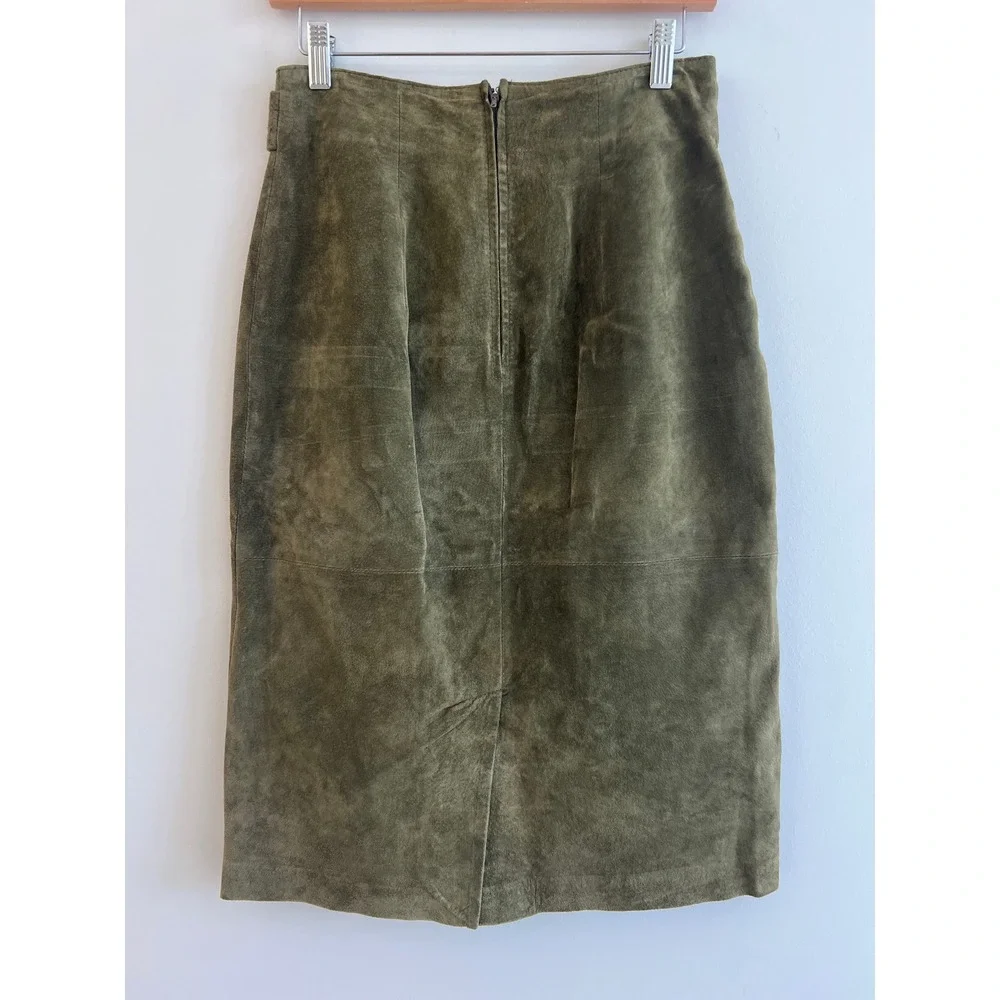 Vintage 70s 80s Evan Davies Olive Suede Pencil Midi Skirt 8 Leather Old Money